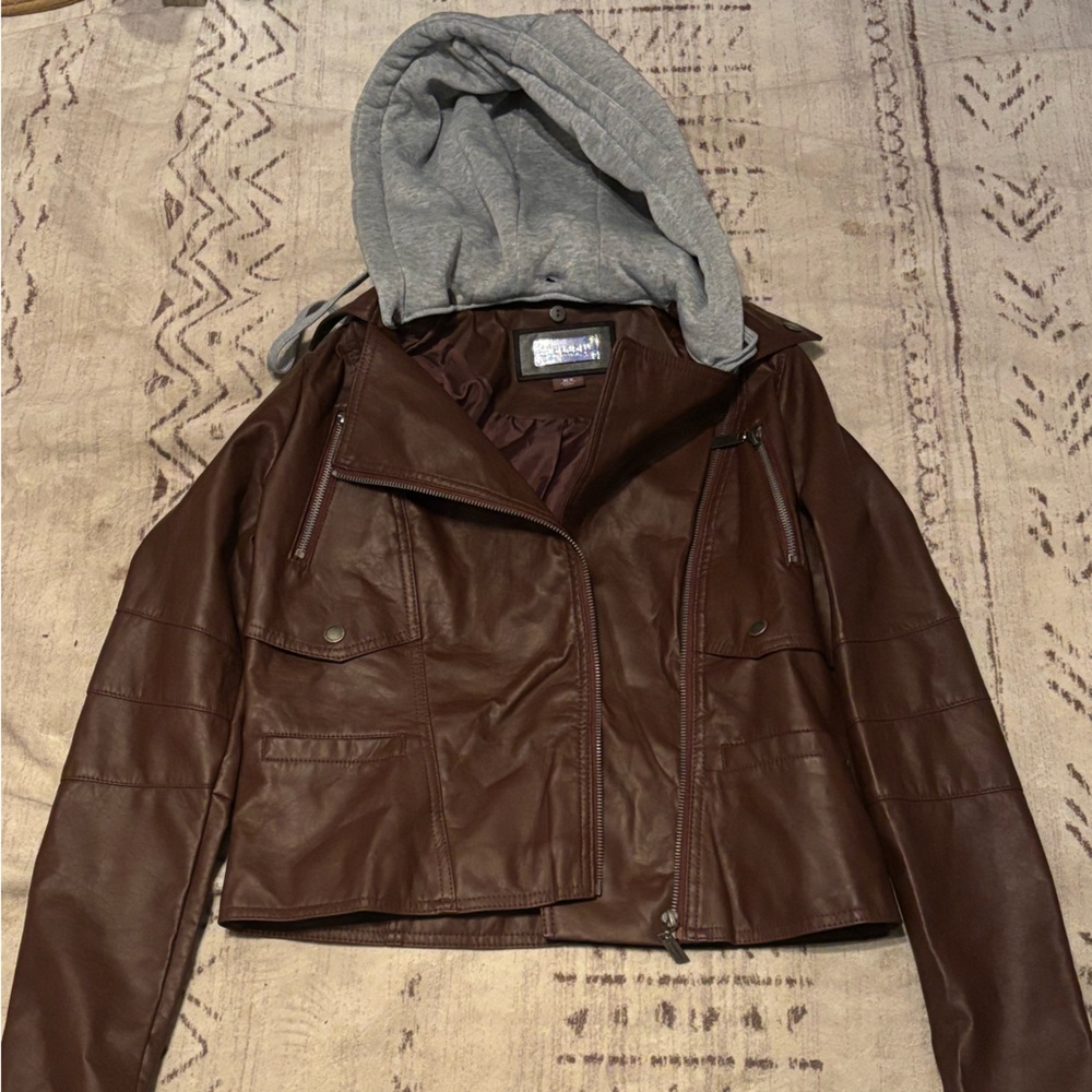 NWT Jou Jou Brown Vegan Leather Jacket with Gray Hood